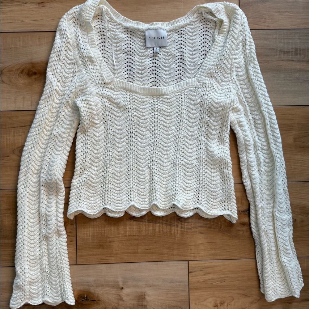Pink Rose Cream Long Sleeve Knit Top